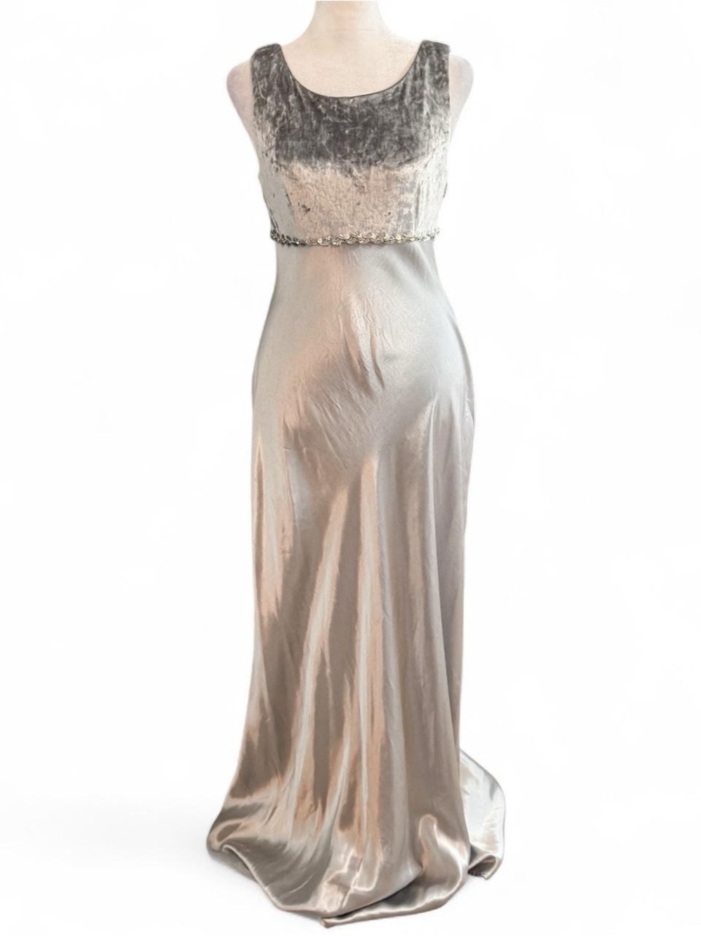De Laru by Linda Bernell Vintage Silver Velvet & Satin Maxi Dress | Size 7/8